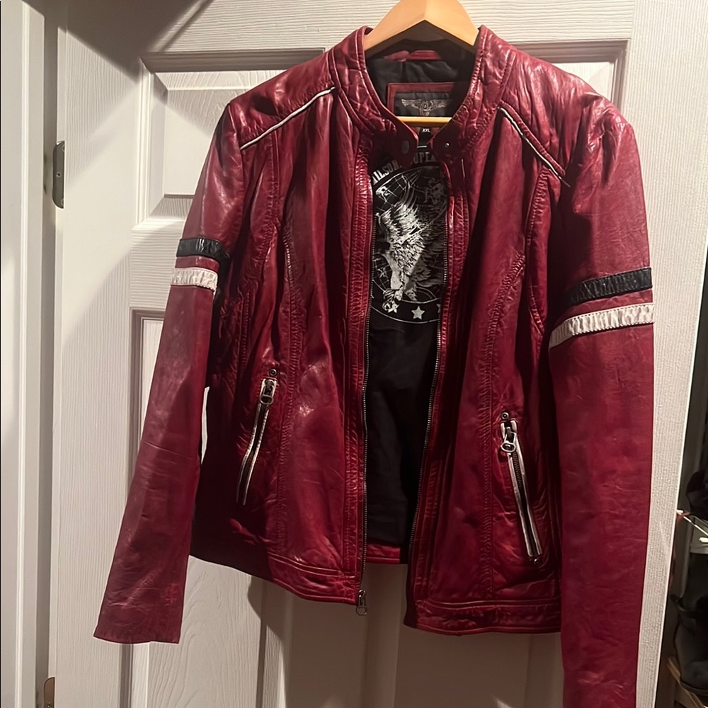 Wilsons Leather Red Jacket with Black and White Accents, Wilson lamb leather